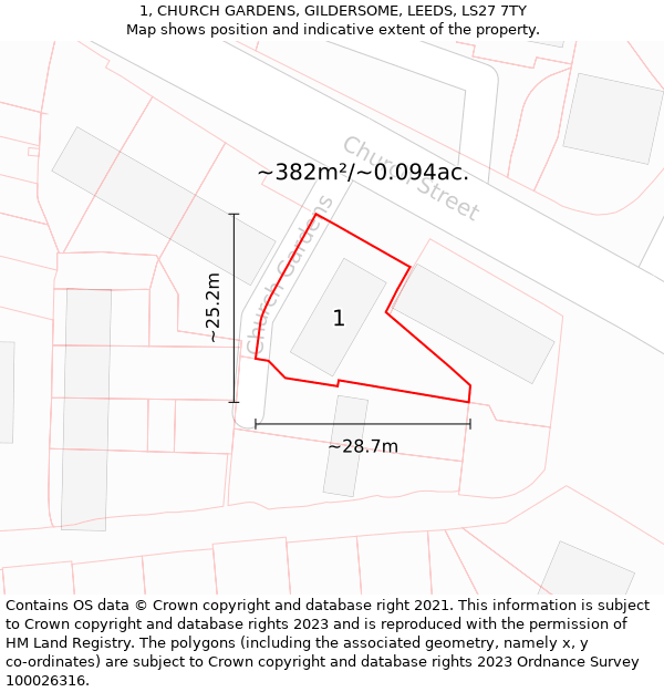 1, CHURCH GARDENS, GILDERSOME, LEEDS, LS27 7TY: Plot and title map