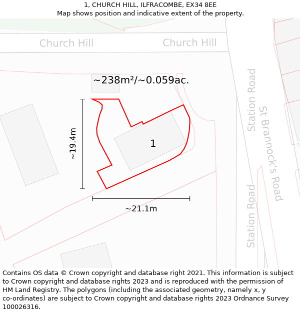 1, CHURCH HILL, ILFRACOMBE, EX34 8EE: Plot and title map