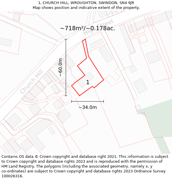 1, CHURCH HILL, WROUGHTON, SWINDON, SN4 9JR: Plot and title map