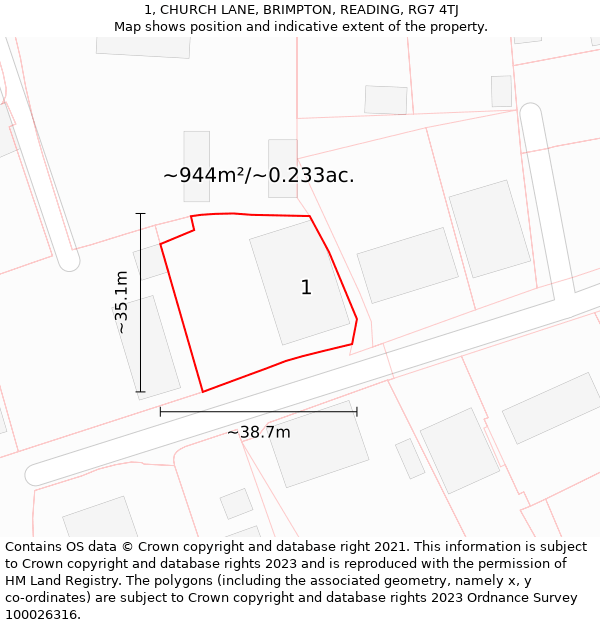 1, CHURCH LANE, BRIMPTON, READING, RG7 4TJ: Plot and title map