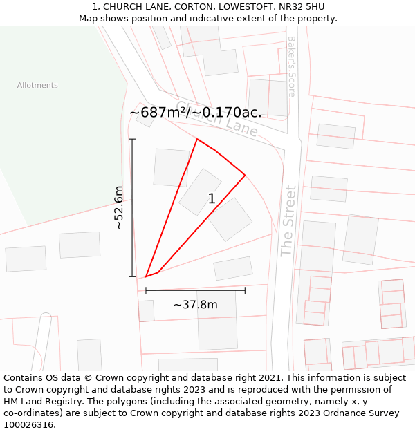 1, CHURCH LANE, CORTON, LOWESTOFT, NR32 5HU: Plot and title map