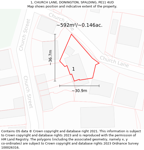 1, CHURCH LANE, DONINGTON, SPALDING, PE11 4UD: Plot and title map