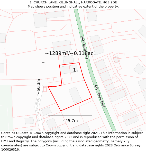 1, CHURCH LANE, KILLINGHALL, HARROGATE, HG3 2DE: Plot and title map