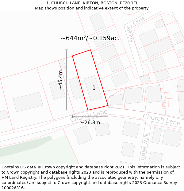 1, CHURCH LANE, KIRTON, BOSTON, PE20 1EL: Plot and title map