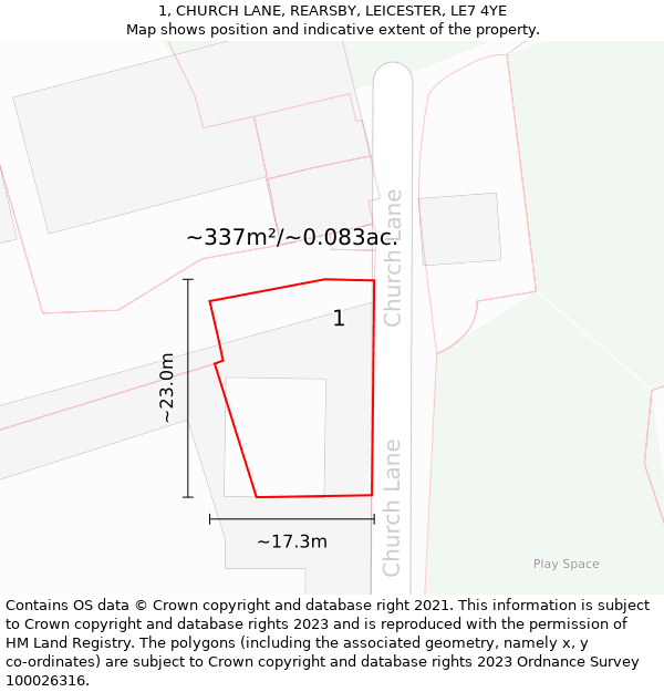 1, CHURCH LANE, REARSBY, LEICESTER, LE7 4YE: Plot and title map