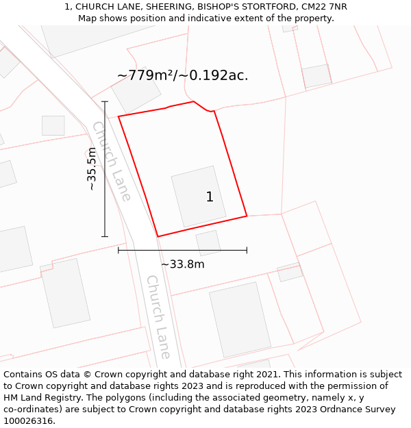 1, CHURCH LANE, SHEERING, BISHOP'S STORTFORD, CM22 7NR: Plot and title map