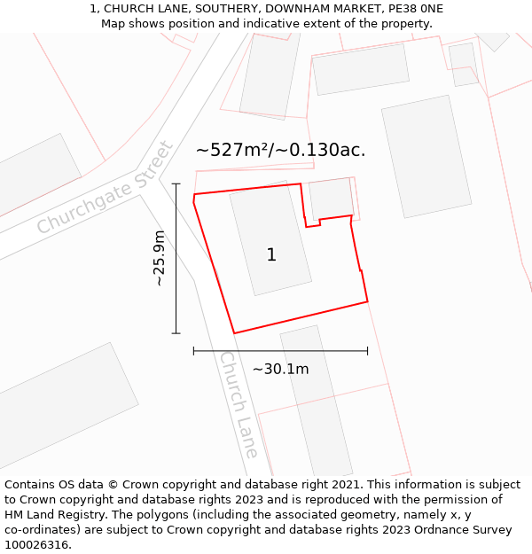 1, CHURCH LANE, SOUTHERY, DOWNHAM MARKET, PE38 0NE: Plot and title map