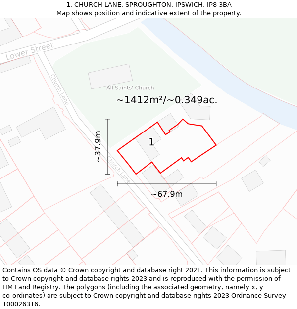 1, CHURCH LANE, SPROUGHTON, IPSWICH, IP8 3BA: Plot and title map