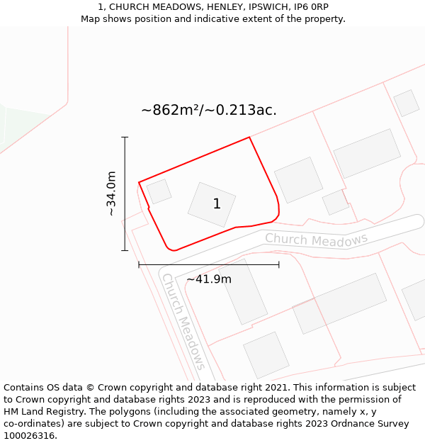 1, CHURCH MEADOWS, HENLEY, IPSWICH, IP6 0RP: Plot and title map