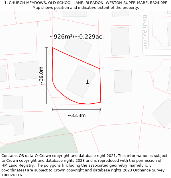 1, CHURCH MEADOWS, OLD SCHOOL LANE, BLEADON, WESTON-SUPER-MARE, BS24 0PF: Plot and title map