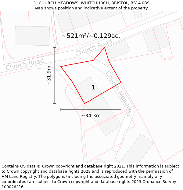 1, CHURCH MEADOWS, WHITCHURCH, BRISTOL, BS14 0BS: Plot and title map