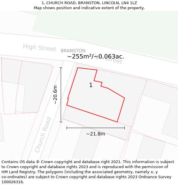 1, CHURCH ROAD, BRANSTON, LINCOLN, LN4 1LZ: Plot and title map