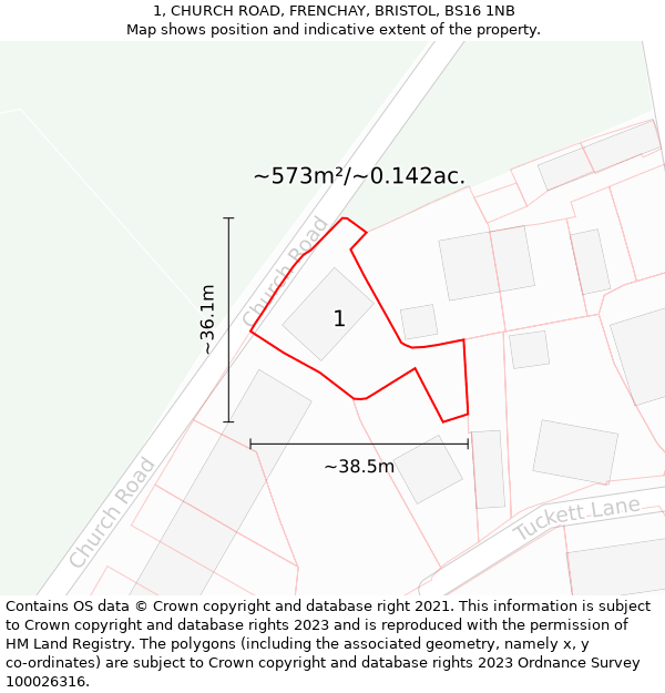 1, CHURCH ROAD, FRENCHAY, BRISTOL, BS16 1NB: Plot and title map