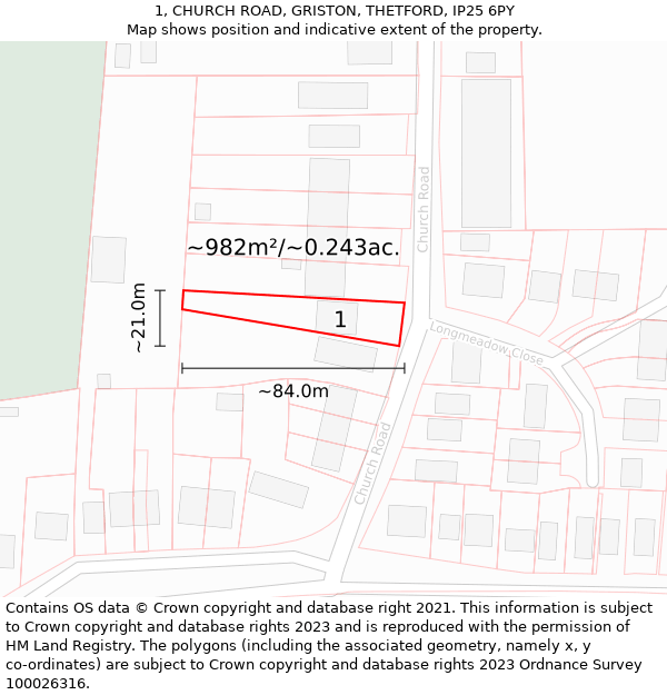 1, CHURCH ROAD, GRISTON, THETFORD, IP25 6PY: Plot and title map