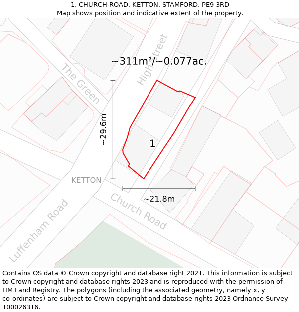 1, CHURCH ROAD, KETTON, STAMFORD, PE9 3RD: Plot and title map