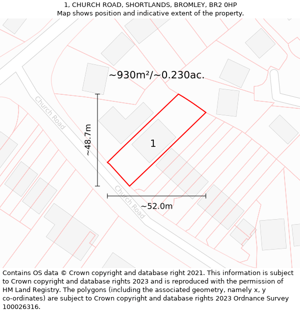 1, CHURCH ROAD, SHORTLANDS, BROMLEY, BR2 0HP: Plot and title map