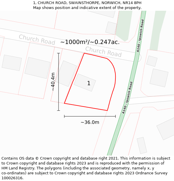 1, CHURCH ROAD, SWAINSTHORPE, NORWICH, NR14 8PH: Plot and title map