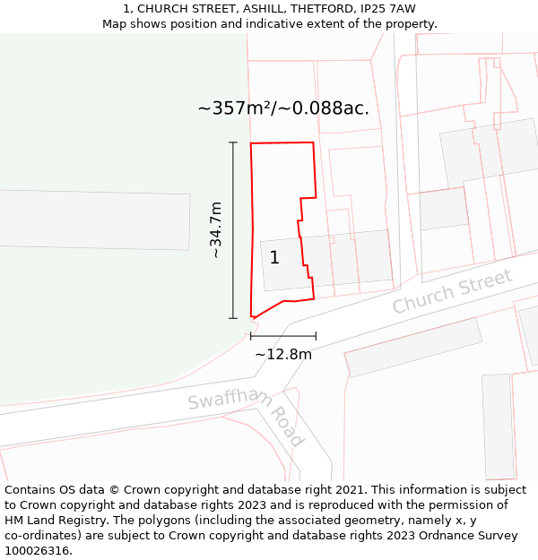 1, CHURCH STREET, ASHILL, THETFORD, IP25 7AW: Plot and title map