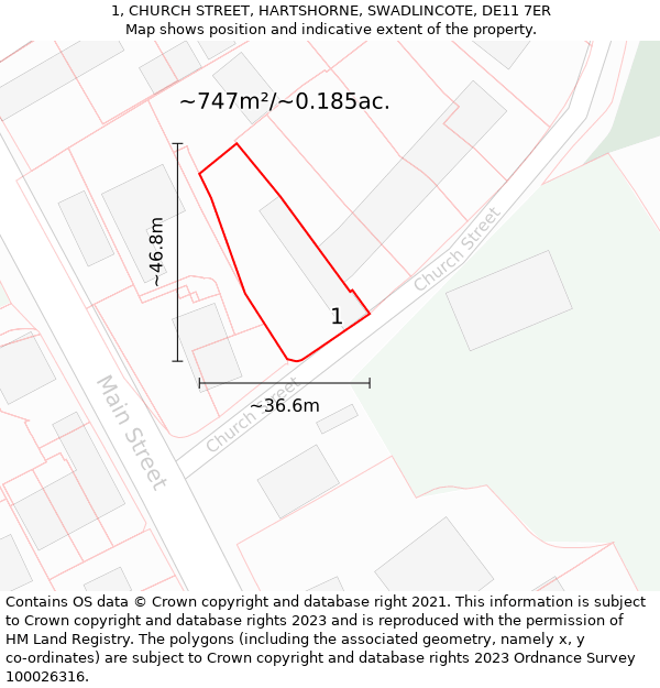 1, CHURCH STREET, HARTSHORNE, SWADLINCOTE, DE11 7ER: Plot and title map