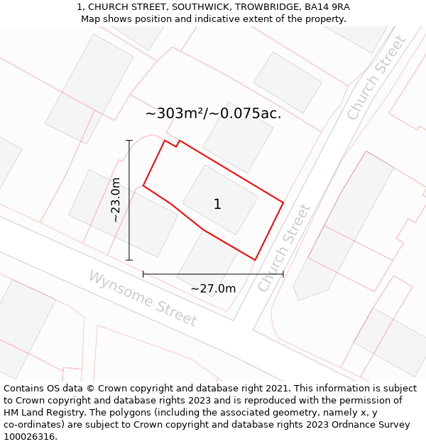 1, CHURCH STREET, SOUTHWICK, TROWBRIDGE, BA14 9RA: Plot and title map