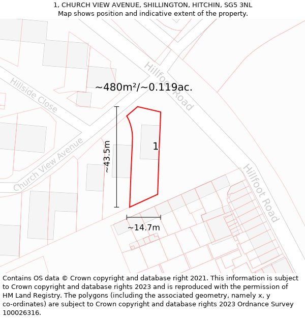 1, CHURCH VIEW AVENUE, SHILLINGTON, HITCHIN, SG5 3NL: Plot and title map