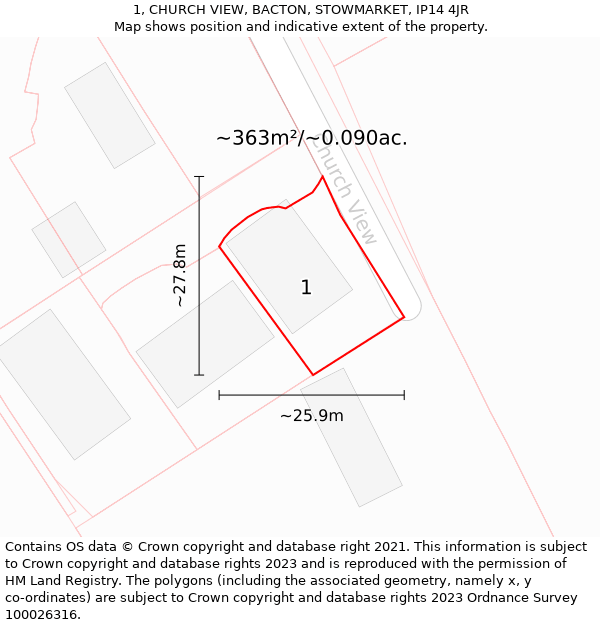 1, CHURCH VIEW, BACTON, STOWMARKET, IP14 4JR: Plot and title map