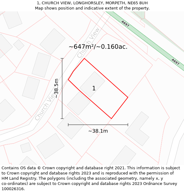 1, CHURCH VIEW, LONGHORSLEY, MORPETH, NE65 8UH: Plot and title map