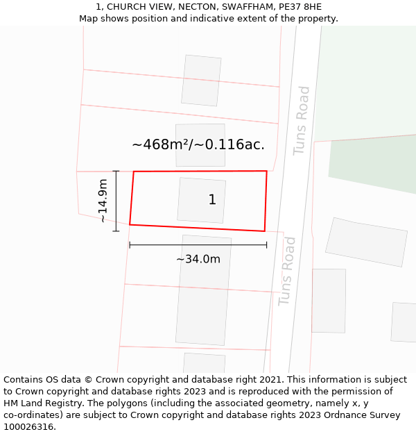 1, CHURCH VIEW, NECTON, SWAFFHAM, PE37 8HE: Plot and title map