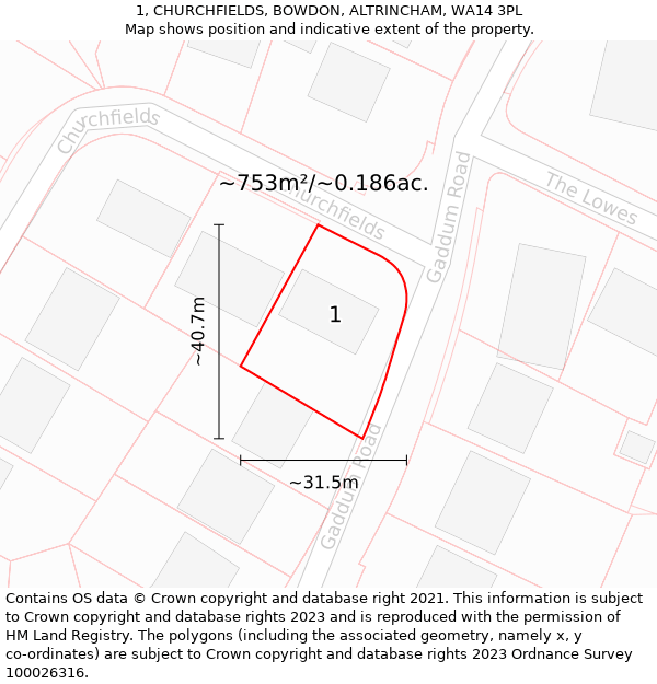 1, CHURCHFIELDS, BOWDON, ALTRINCHAM, WA14 3PL: Plot and title map