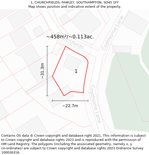 1, CHURCHFIELDS, FAWLEY, SOUTHAMPTON, SO45 1FY: Plot and title map
