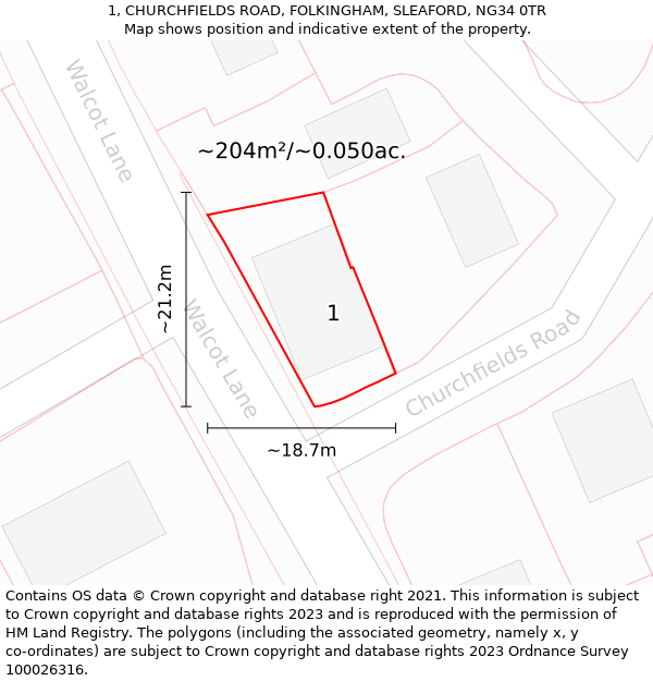 1, CHURCHFIELDS ROAD, FOLKINGHAM, SLEAFORD, NG34 0TR: Plot and title map