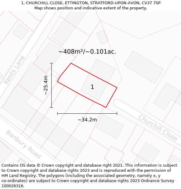 1, CHURCHILL CLOSE, ETTINGTON, STRATFORD-UPON-AVON, CV37 7SP: Plot and title map