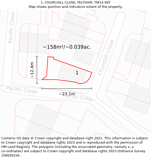 1, CHURCHILL CLOSE, FELTHAM, TW14 9XF: Plot and title map