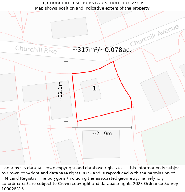 1, CHURCHILL RISE, BURSTWICK, HULL, HU12 9HP: Plot and title map