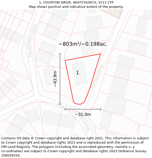 1, CHURTON DRIVE, WHITCHURCH, SY13 1TP: Plot and title map