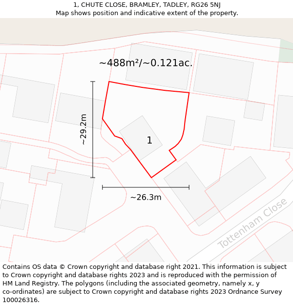 1, CHUTE CLOSE, BRAMLEY, TADLEY, RG26 5NJ: Plot and title map