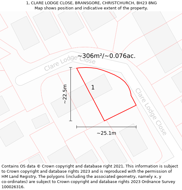 1, CLARE LODGE CLOSE, BRANSGORE, CHRISTCHURCH, BH23 8NG: Plot and title map