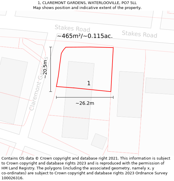 1, CLAREMONT GARDENS, WATERLOOVILLE, PO7 5LL: Plot and title map