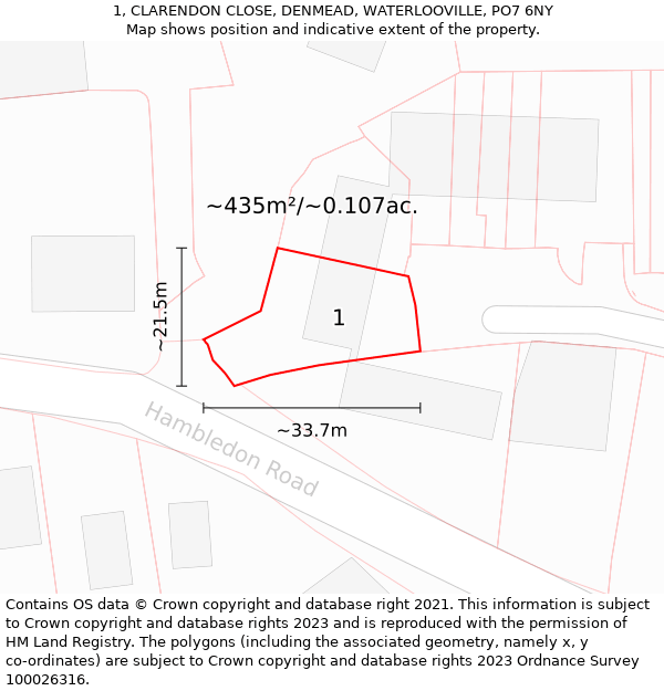 1, CLARENDON CLOSE, DENMEAD, WATERLOOVILLE, PO7 6NY: Plot and title map