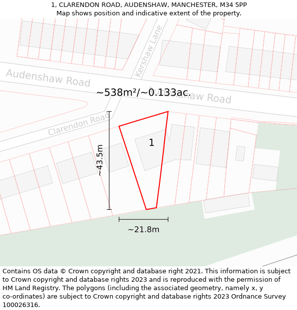 1, CLARENDON ROAD, AUDENSHAW, MANCHESTER, M34 5PP: Plot and title map