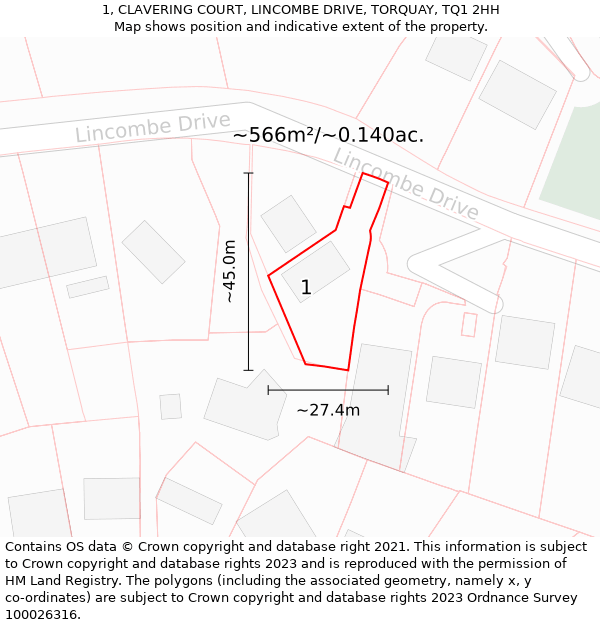 1, CLAVERING COURT, LINCOMBE DRIVE, TORQUAY, TQ1 2HH: Plot and title map