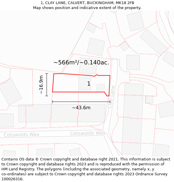 1, CLAY LANE, CALVERT, BUCKINGHAM, MK18 2FB: Plot and title map