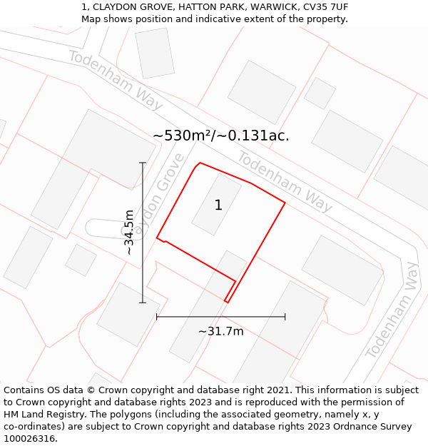 1, CLAYDON GROVE, HATTON PARK, WARWICK, CV35 7UF: Plot and title map