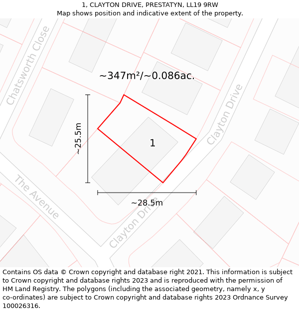 1, CLAYTON DRIVE, PRESTATYN, LL19 9RW: Plot and title map