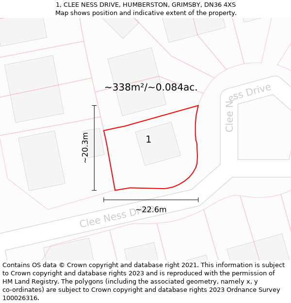 1, CLEE NESS DRIVE, HUMBERSTON, GRIMSBY, DN36 4XS: Plot and title map