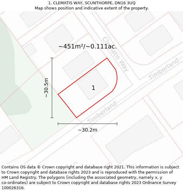 1, CLEMATIS WAY, SCUNTHORPE, DN16 3UQ: Plot and title map