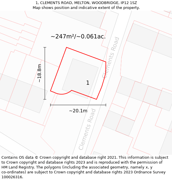 1, CLEMENTS ROAD, MELTON, WOODBRIDGE, IP12 1SZ: Plot and title map