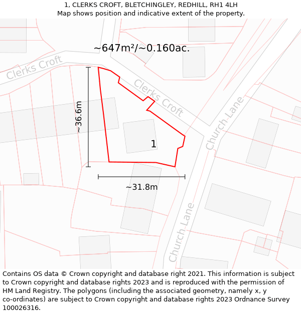 1, CLERKS CROFT, BLETCHINGLEY, REDHILL, RH1 4LH: Plot and title map