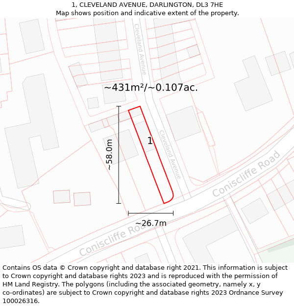 1, CLEVELAND AVENUE, DARLINGTON, DL3 7HE: Plot and title map