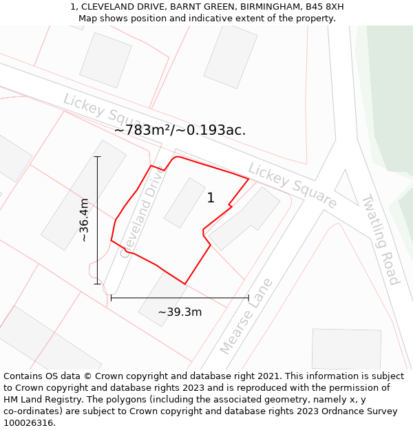 1, CLEVELAND DRIVE, BARNT GREEN, BIRMINGHAM, B45 8XH: Plot and title map